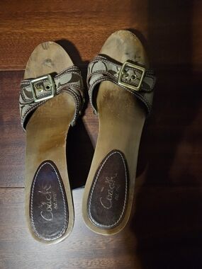 Coach Brown Canvas & Leather Buckle Slide Mules